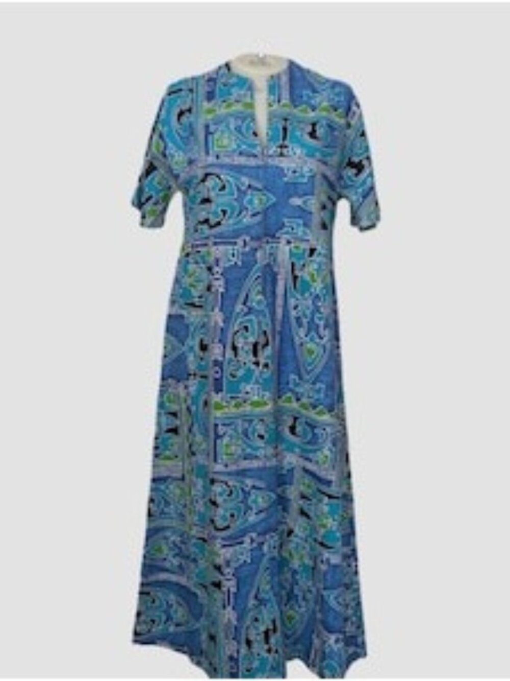 Vtg 70s Two Potato Tribal BARKCLOTH Angel Wing Boho Dress - Blues Greens MEDIUM